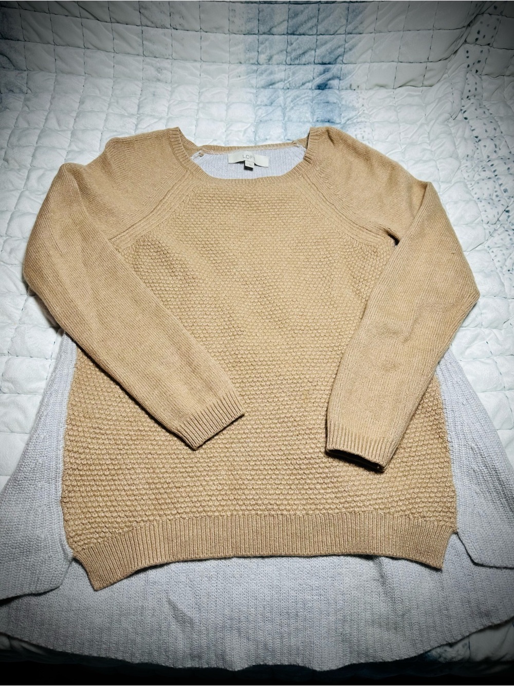 LOFT Tan Textured Crewneck Merino Wool Sweater